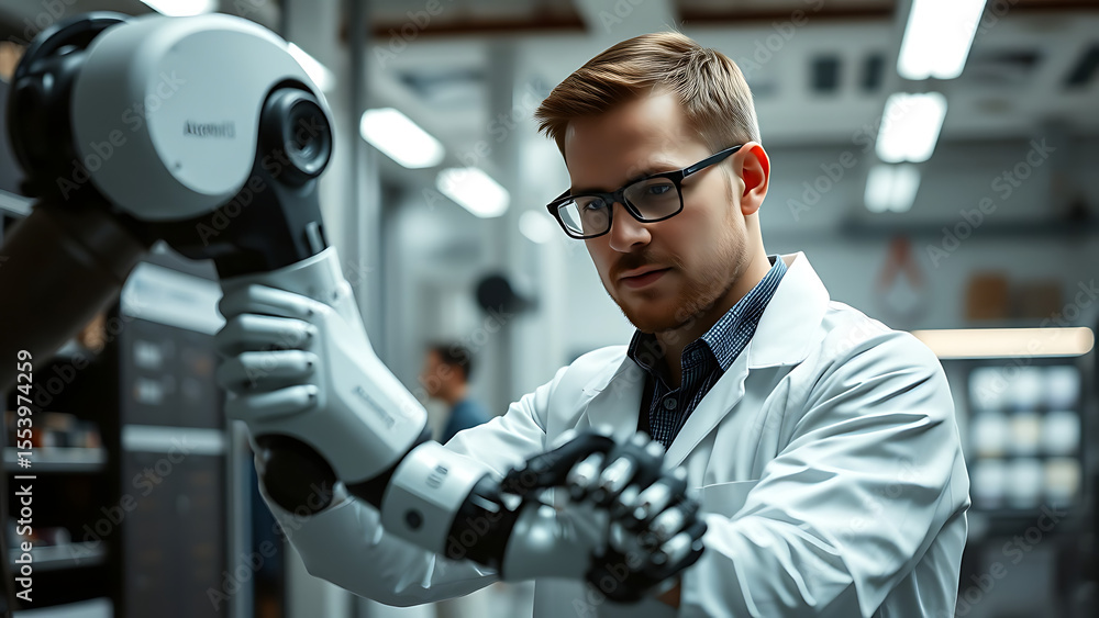 Poster a male engineer working closely with a robotic arm in a high-tech lab