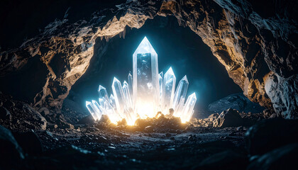 Glowing crystalline cluster illuminates a dark cavern's depths, radiating ethereal light from its base, surrounded by rough, shadowed rock
