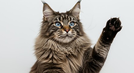 Majestic Maine Coon Cat with Striking Blue Eyes Raising Paw on White Background Displaying Tabby Fur with Detailed Texture Sitting Upright