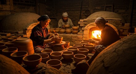 Skilled hands shape clay, firelight illuminating ancient pottery traditions.