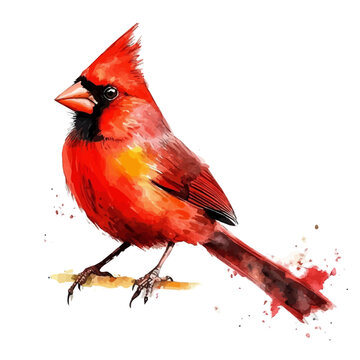 Cardinal Bird, watercolor drawing vector, isolated on a white background.