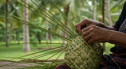 Skilled Hands Weave a Palm Leaf Basket in a Lush Green Setting