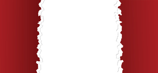 Red torn paper with torn edges isolated transparent background with shadow effect in horizontal banner design. ripped vertical paper strip