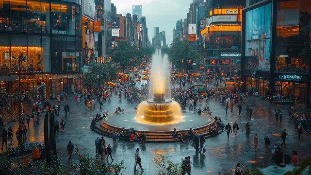 Experience the lively atmosphere of a city square where a stunning fountain serves as a centerpiece. Hundreds of people enjoy the moment, despite the rain, creating a unique urban vibe.