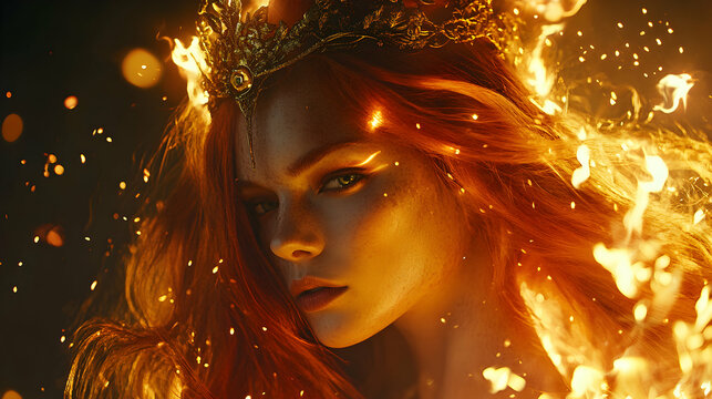 Enchanting fiery portrait of a queen radiating otherworldly beauty and power