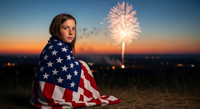 young woman holding american flag