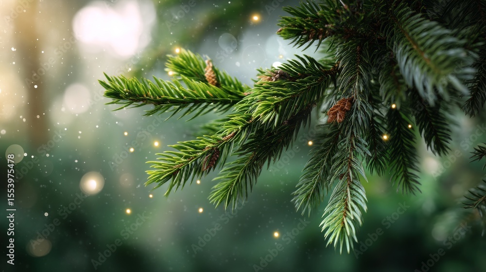 Poster close-up view of green evergreen branch with sparkling bokeh effect in natural setting