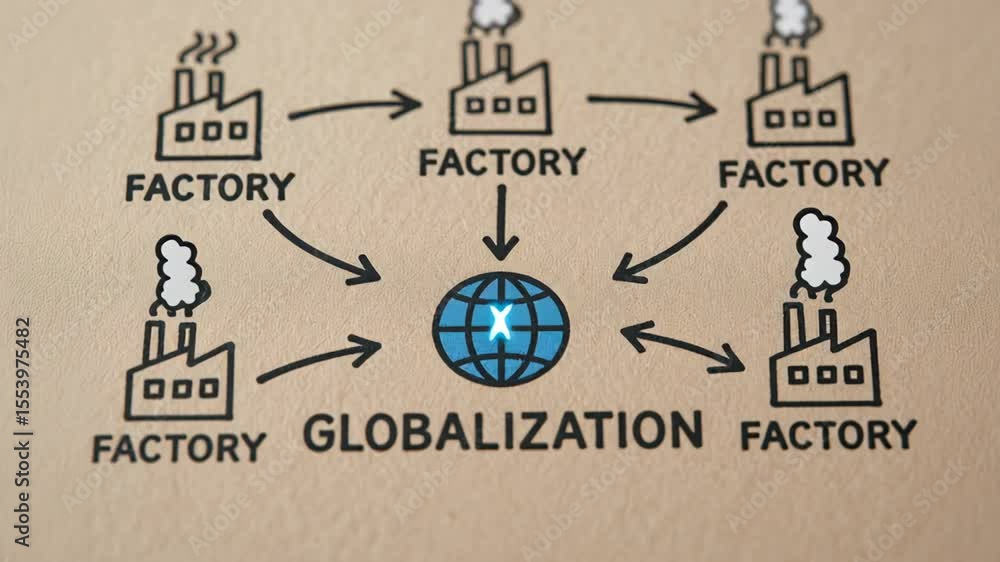 Poster globalization impact connects multiple factories worldwide creating network influencing industrial e