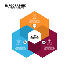 Venn diagram infographic chart template for business 3 step options, presentation with venn diagram elements vector illustration.
