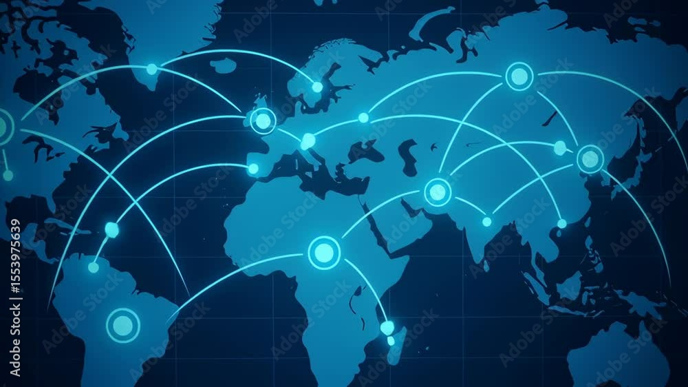 Poster globalization impact world map digital network connection enhances communication linking continents 