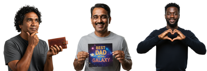 Diverse Group of Men Celebrating Father's Day with Gifts and Signs in a Studio Setting