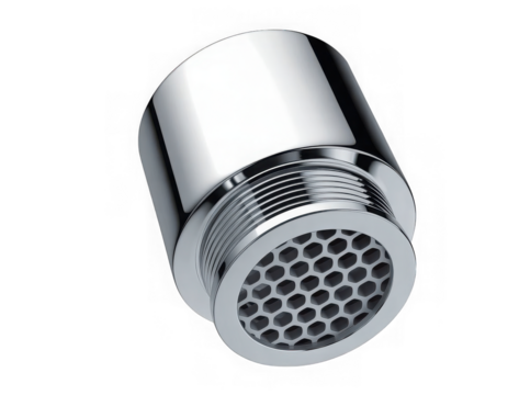 Chrome aerator for faucet with hexagonal mesh isolated on transparent background
