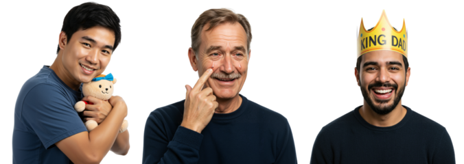 Three Men Portrait with Expressions and Props, Engaging Smiles and Playful Themes, Diverse Ages and Vibes, Capturing Joy