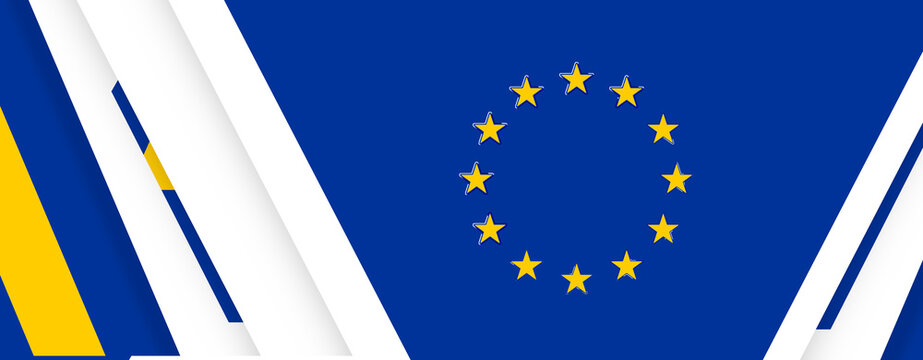 european union abstract flag with circle of golden stars on blue background and modern white and yellow layered design