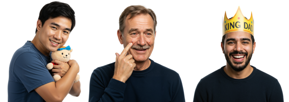 Three Men Portrait with Expressions and Props, Engaging Smiles and Playful Themes, Diverse Ages and Vibes, Capturing Joy