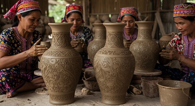 Skilled artisans meticulously craft ornate clay vases, their vibrant traditional attire adding to the scene's rich cultural tapestry.
