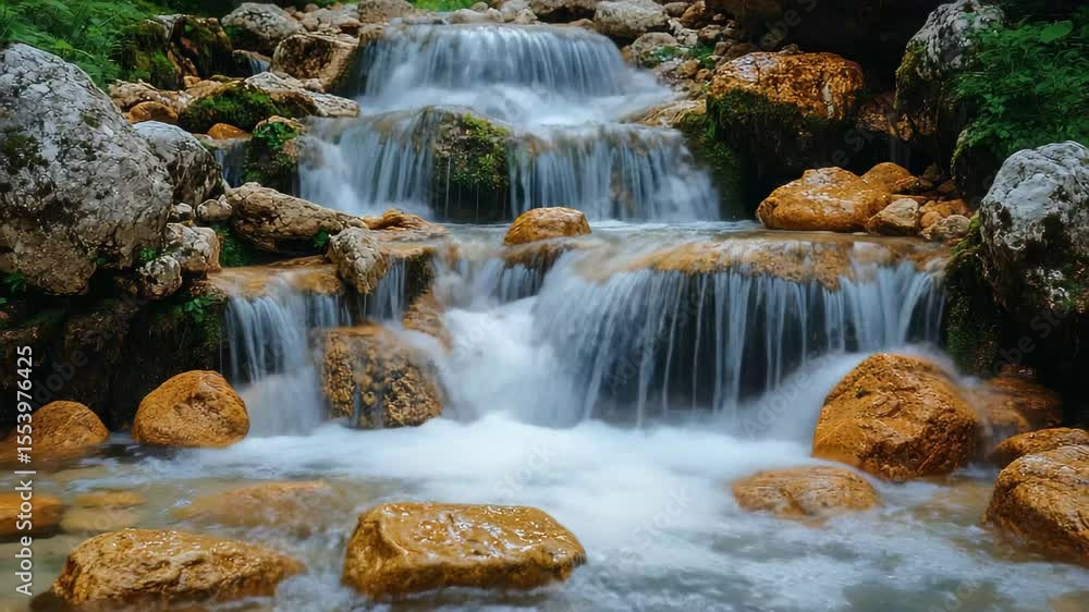 Poster explore a tranquil setting where gentle waterfalls flow over smooth stones, creating a soothing soun