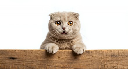 Surprised Scottish Fold Kitten with Beige Fur Draped Over Wooden Surface Isolated on White Background Showing a Sense of Affectionate