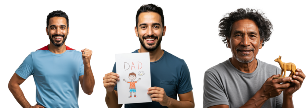 Happy Young Man with Artwork, Smiling Elderly Man with Toy Figurine in Studio Setting