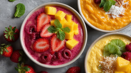 Assorted Smoothie Bowls with Fresh Fruit Toppings