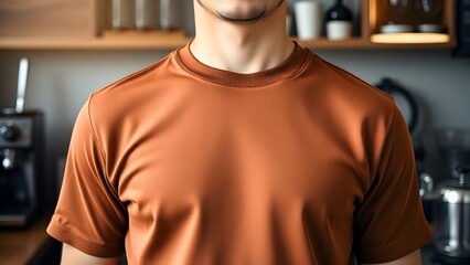 A man is wearing an orange shirt and standing in front of a kitchen counter