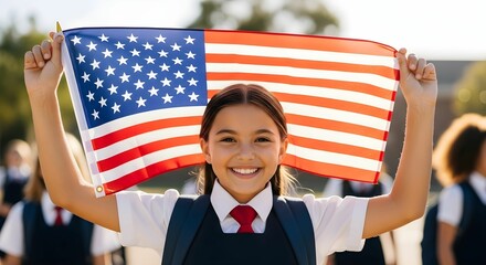 Girl smiling holding an american flag