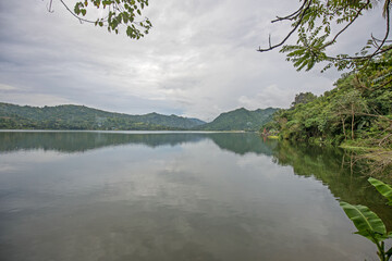 mountain lake quarry lake idyll with water reflections