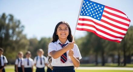 Girl holding american flag in school with uniform and smiling