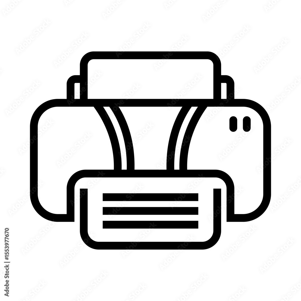 Poster outline icon of a refillable ink tank printer with paper output and control buttons, ideal for moder