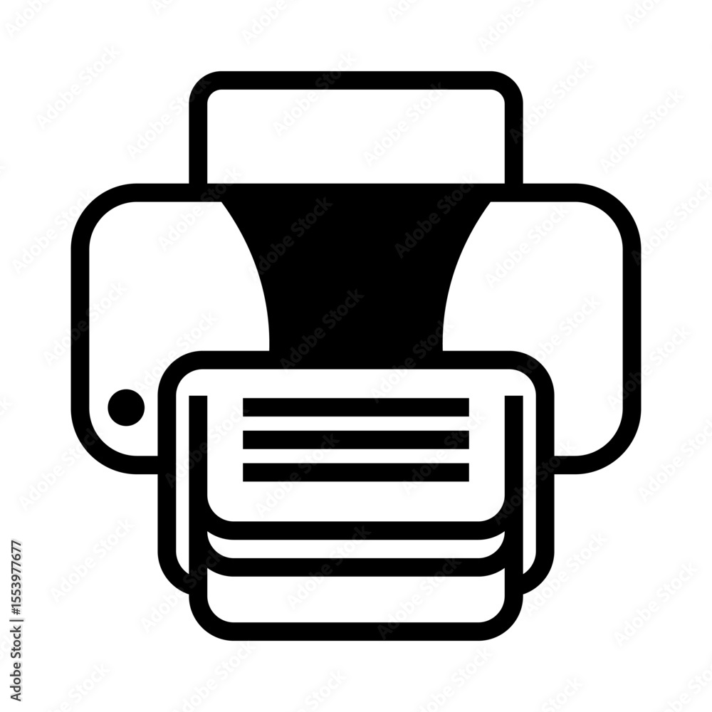 Poster outline icon of a refillable ink tank printer with paper output and control buttons, ideal for moder