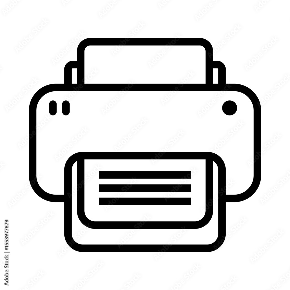 Poster outline icon of a refillable ink tank printer with paper output and control buttons, ideal for moder