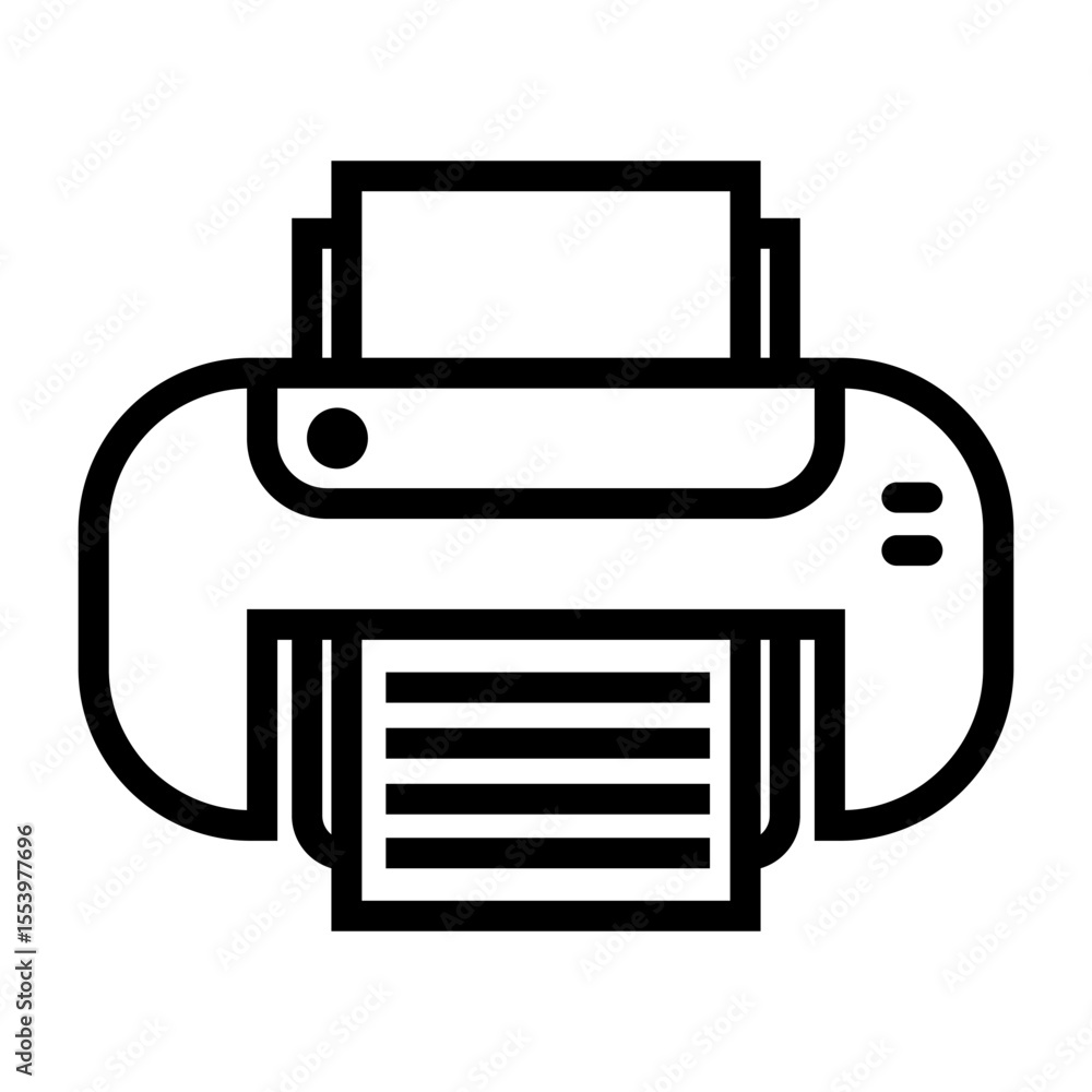 Poster outline icon of a refillable ink tank printer with paper output and control buttons, ideal for moder
