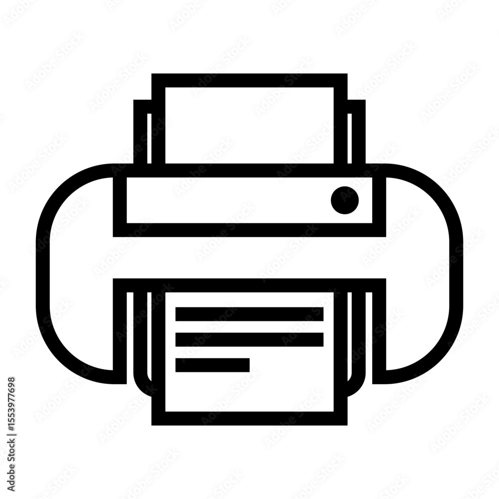 Poster outline icon of a refillable ink tank printer with paper output and control buttons, ideal for moder