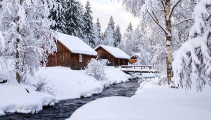 Two rustic wooden cabins nestled in a snow-covered winter landscape, beside a small river with a footbridge, surrounded by snow-laden trees