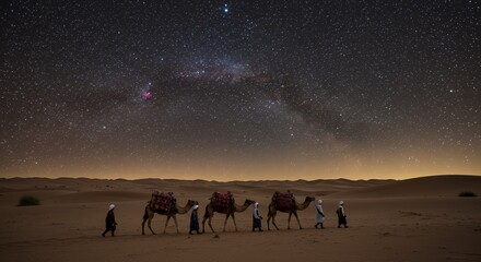 Starry Desert Caravan: A Nighttime Journey Under the Milky Way