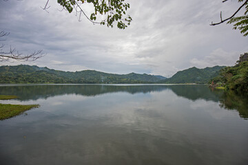 mountain lake quarry lake idyll with water reflections