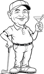 Black and White Line Art of a Happy Golfer Holding a Martini, Celebrating Success on the Green.