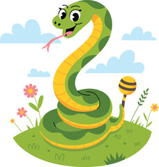 Fototapeta premium Happy Green Snake Cartoon Character with Spots and Rattle, Standing on Blocks, Perfect for Children's Educational Themes.