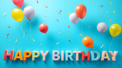 Obraz premium Vibrant Balloons Hovering Over Bold Happy Birthday Typography