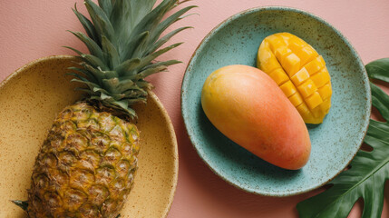 Pineapple, Mango, and Papaya on Colored Plates