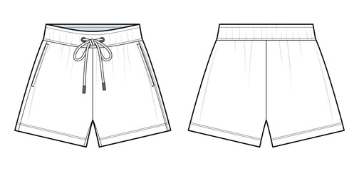 Drawstring Waist Shorts Technical Fashion Illustration. Wide-Leg Shorts with Side Pockets Vector Template. Relaxed Fit. Elastic Waistband. Front and Back View design. Unisex Athleisurewear. CAD Mockup