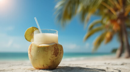 Coconut Cocktail on Beach with Palm Background