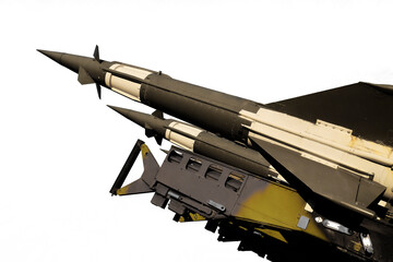 isolated on white background. weapons, military S-125 NEVA Pechora SA-3 Goa air defence complex. Ml 5p 73 missile. 5v 27du. atomic nuclear ballistic rocket with 4 four rocket