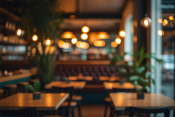 Cozy and modern restaurant interior with a blurred background and warm lights.