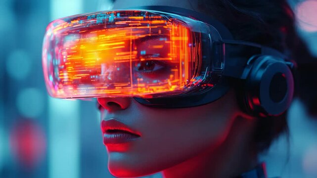 Experience a journey into the unknown as an individual dons a stunning virtual reality headset, surrounded by mesmerizing neon colors and advanced technology in a futuristic environment.