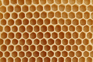 A detailed view of a honeycomb structure showing the cells arranged in a hexagonal pattern. The honeycomb looks like a warm, golden-colored.