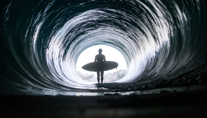 Silhouetted surfer stands within a barrel wave's luminous, swirling interior, facing a bright exit. The ocean's dark, watery tunnel surrounds them