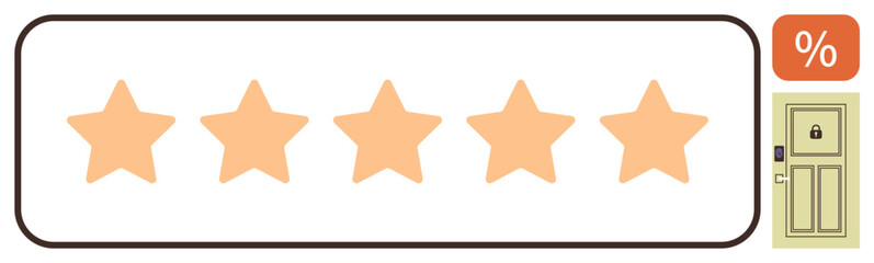 Five orange stars in a row signify high rating, accompanied by a percentage symbol and locked door icon. Ideal for quality, trust, security, feedback, reviews, customer satisfaction, simple landing