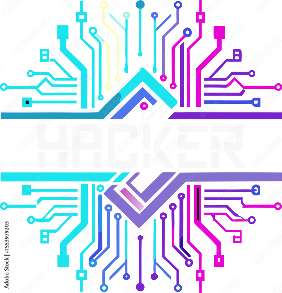 Poster high-contrast tech circuit illustration for a hacker event with white background.