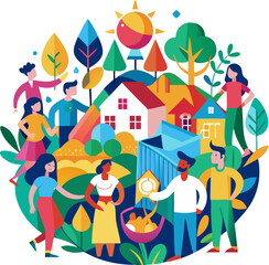 Colourful paper-cut illustration of community gathering with white background.